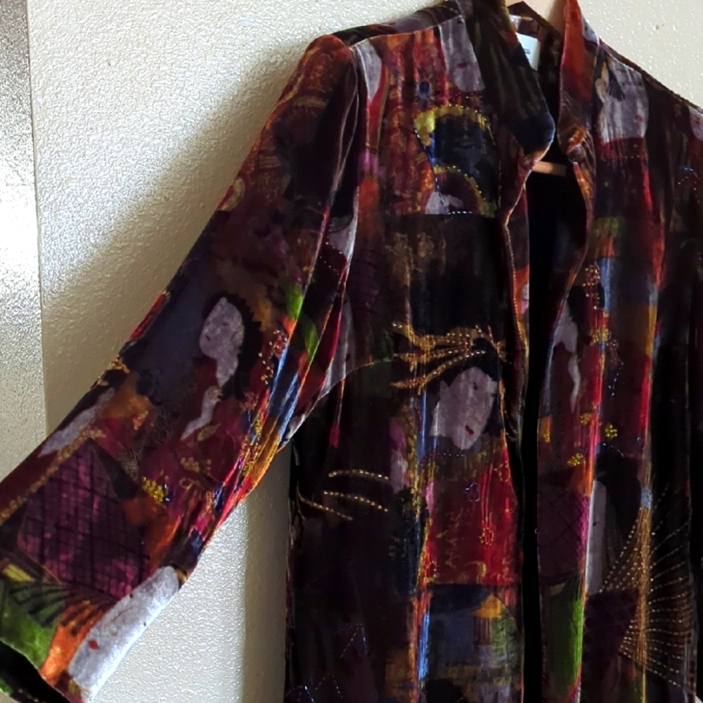 Neiman Marcus Oriental Geisha Print Beaded Multicolor Velvet Coat NWOT